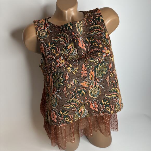 Eva Franco Anthropologie Jacquard Floral Mesh Peplum Top Brown XS Cottage - Picture 2 of 11